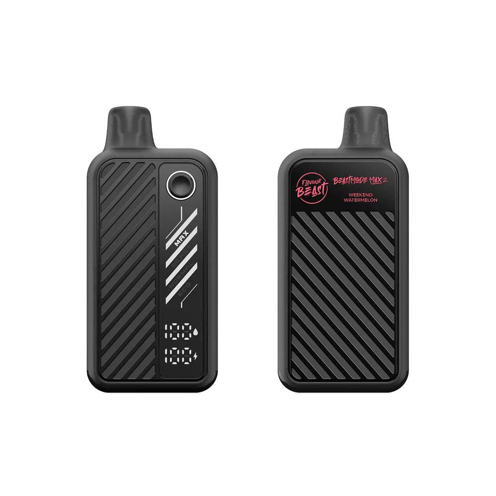 Two black Flavour Beast Beast Mode Max 2 disposable vapes in Weekend Watermelon flavor are displayed side-by-side, showing the front interface with a digital display and power settings and the textured back panel with branding.