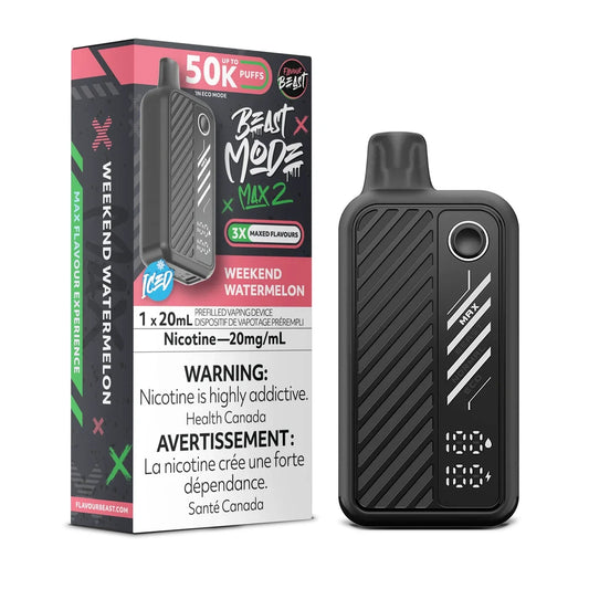 A Flavour Beast Mode Max 2 disposable vape in matte black stands next to its matching retail box, both featuring the Weekend Watermelon flavour name, a 50K puff count, and a 20mg/mL nicotine warning label against a plain black background.