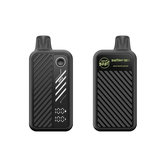 Two views of a black Flavour Beast Beastmode Max 2 disposable vape in Wild White Grape flavor, featuring a textured diagonal-striped body, a digital display screen showing battery and liquid levels, and a mode selection button.