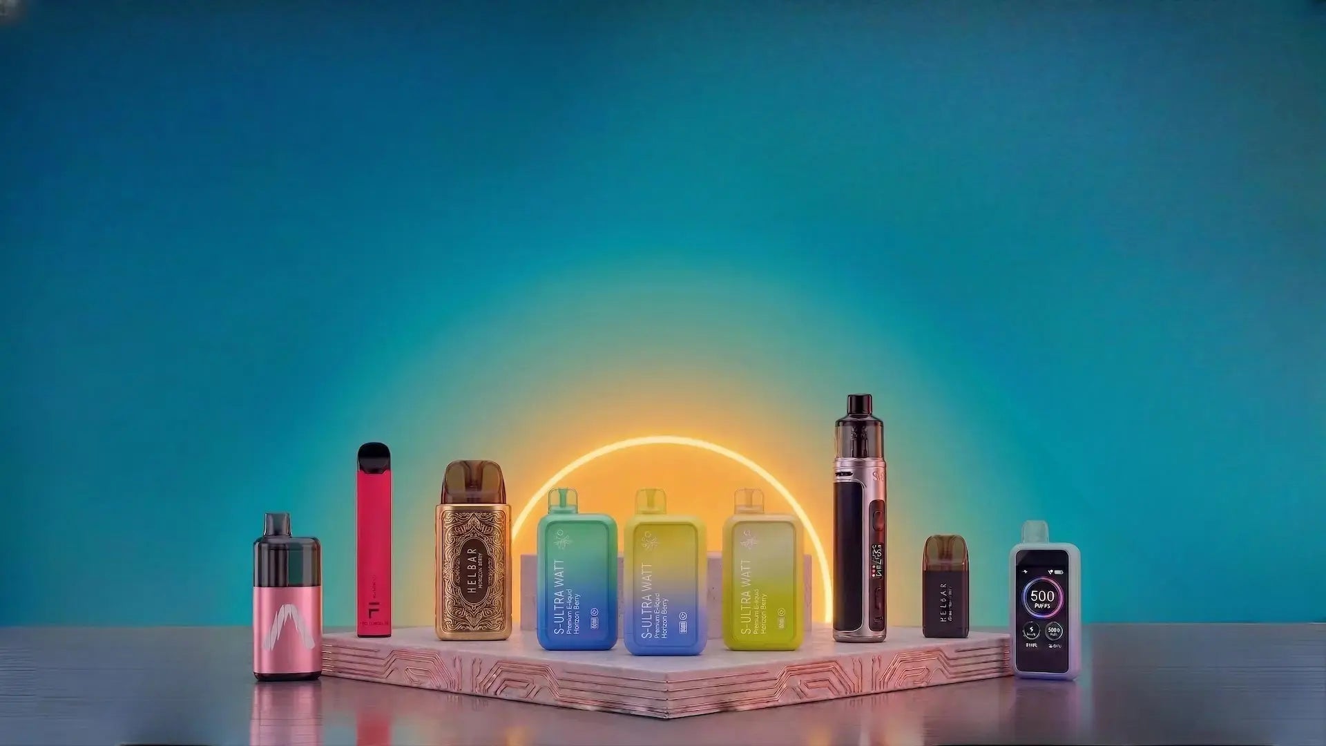 Vape devices and cartridges on a stand with a blue gradient background
