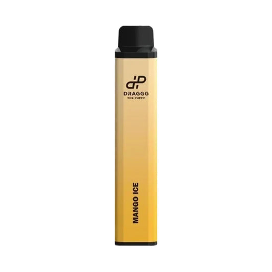 A slim Draggg Mango Peach Ice disposable vape device featuring a yellow-to-orange gradient