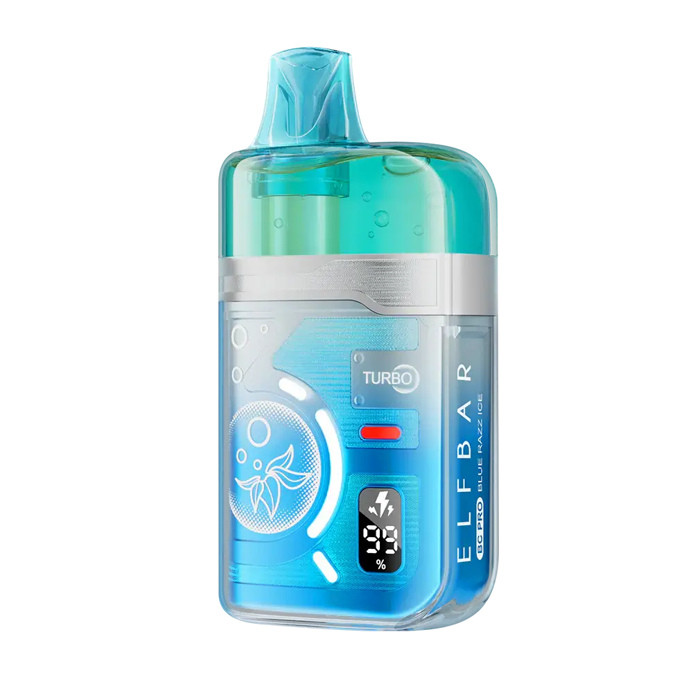 ELFBAR BC Pro 80K Blue Razz Ice disposable vape featuring a transparent blue and teal casing with a digital battery display and Turbo mode indicator.