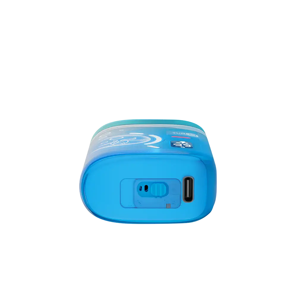 Bottom view of a blue ELFBAR BC Pro 80K Blue Razz Ice disposable vape showing the USB-C charging port and airflow control switch on a white background.