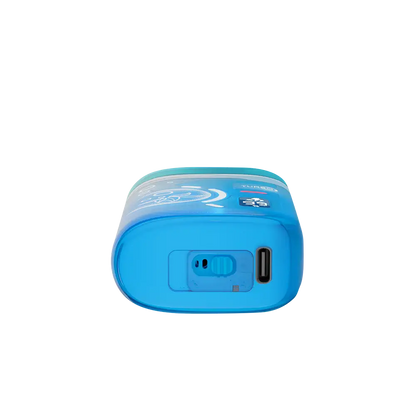 Bottom view of a blue ELFBAR BC Pro 80K Blue Razz Ice disposable vape showing the USB-C charging port and airflow control switch on a white background.