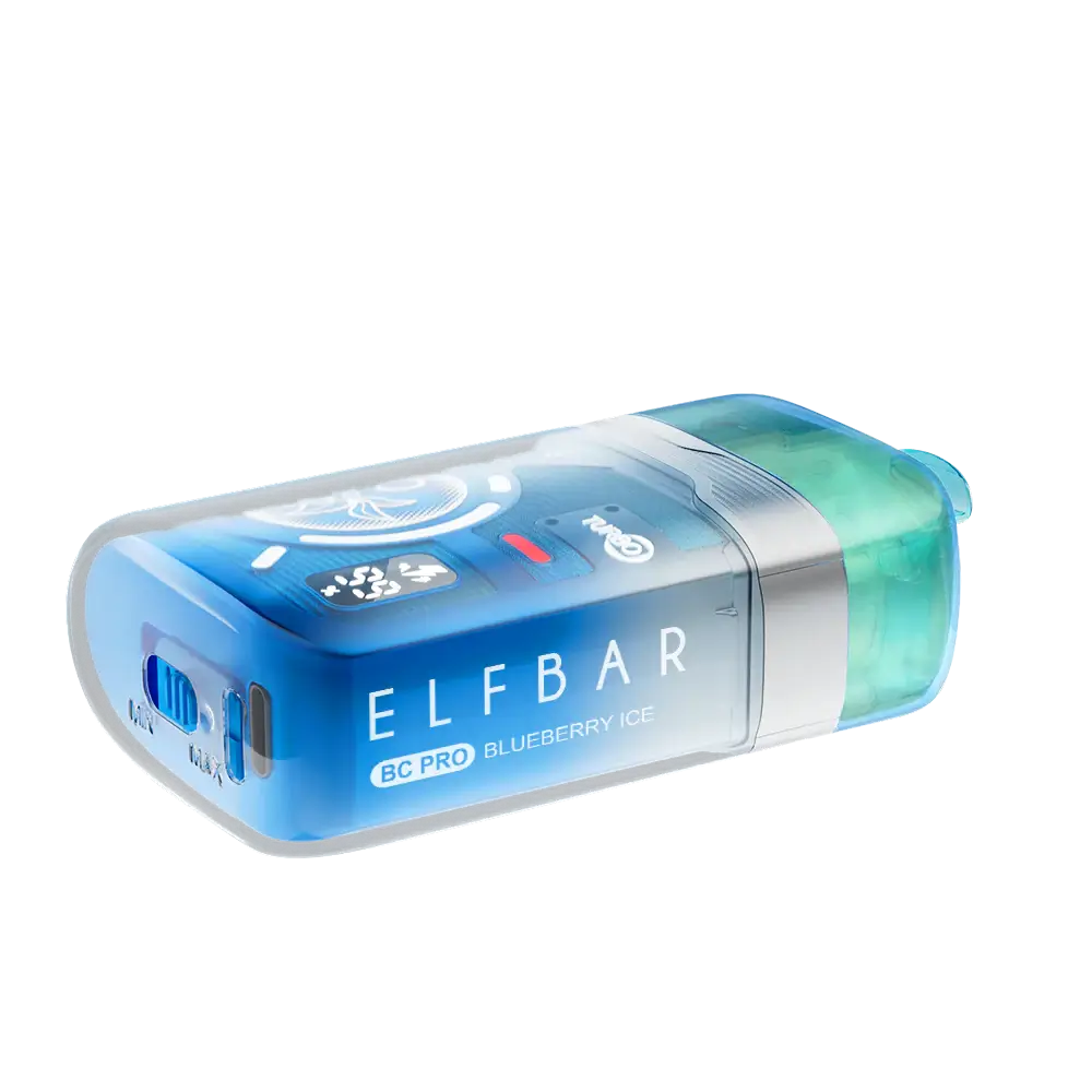 An ELFBAR BC Pro Blueberry Ice disposable vape featuring a translucent blue and teal shell with visible internal components, a digital display, and a side airflow switch.
