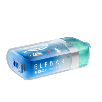 An ELFBAR BC Pro Blueberry Ice disposable vape featuring a translucent blue and teal shell with visible internal components, a digital display, and a side airflow switch.