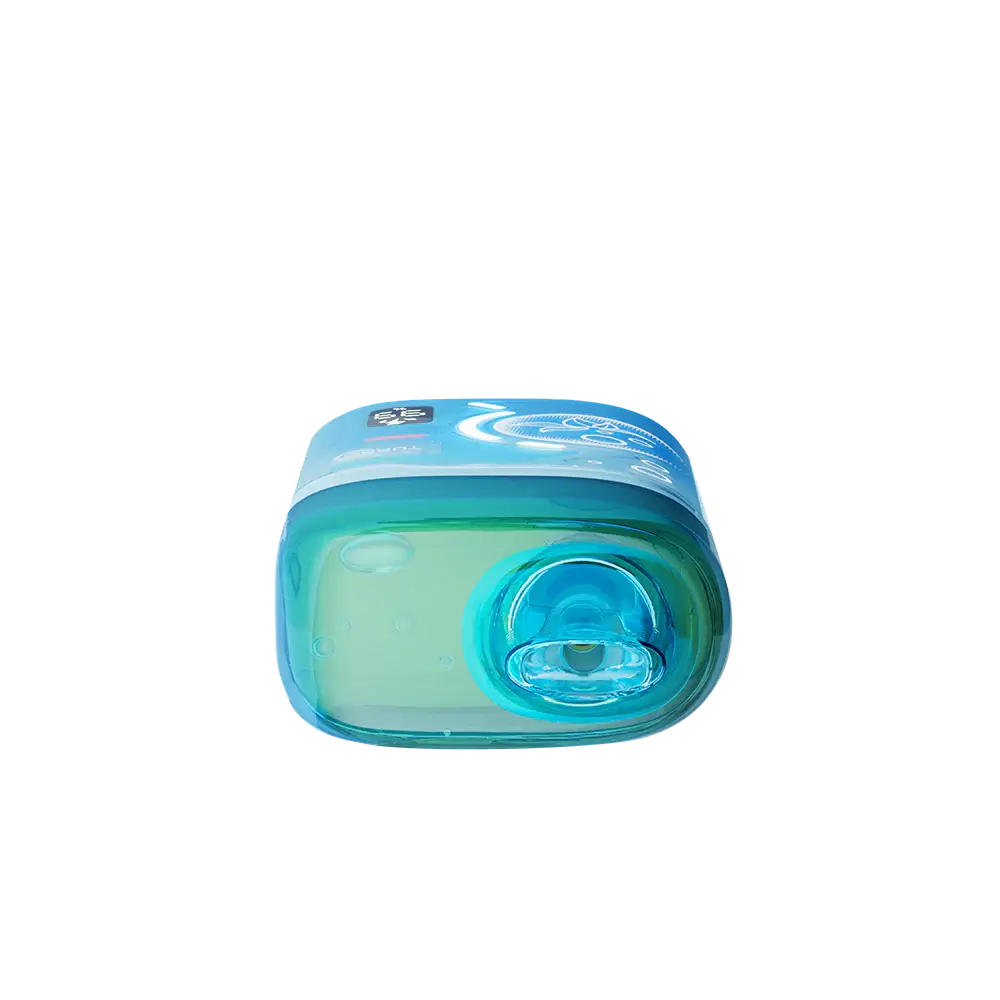 Top-down view of an ELFBAR BC Pro 80K Blueberry Ice disposable vape featuring a translucent blue mouthpiece and a digital display screen showing battery and e-liquid levels.