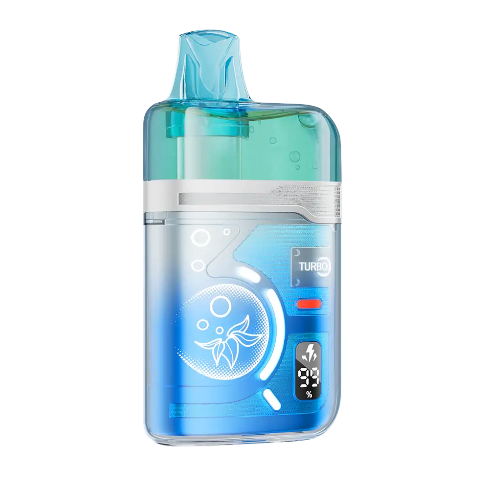 ELFBAR BC Pro 80K Blueberry Ice disposable vape featuring a translucent blue and green casing with a digital display showing battery and e-liquid levels.