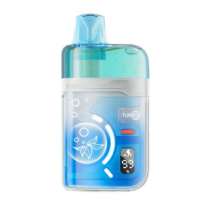 An ELFBAR BC Pro 80K Blueberry Ice disposable vape featuring a transparent blue and teal casing with a digital battery display and Turbo mode indicator.
