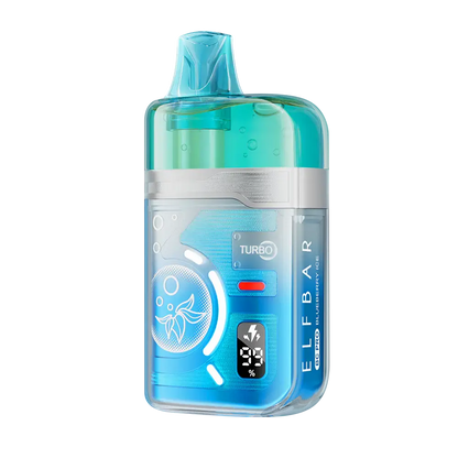 ELFBAR BC Pro 80K Blueberry Ice disposable vape featuring a translucent blue and teal body with a digital battery display and Turbo mode indicator.