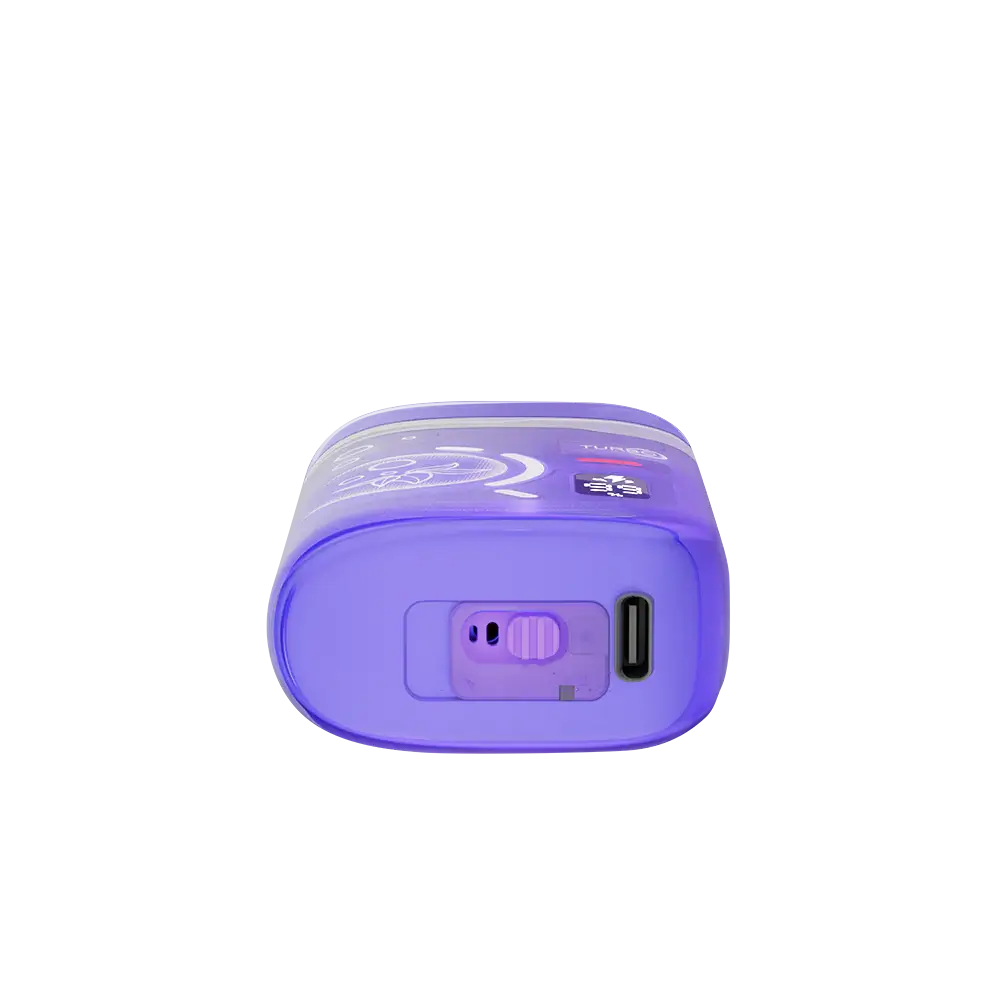 Bottom view of a purple ELFBAR BC Pro 80K Blueberry Sour Raspberry disposable vape showing the USB-C charging port and airflow adjustment switch.