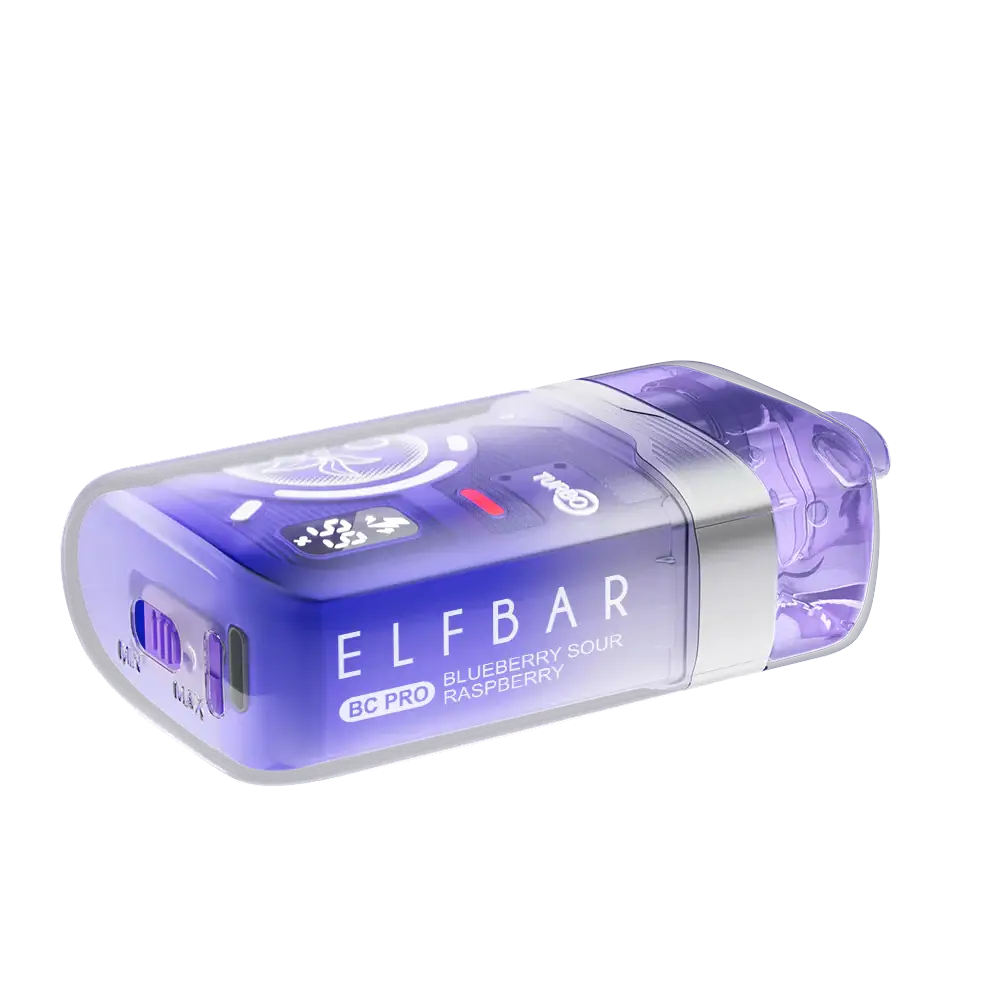 An ELFBAR BC Pro 80K Blueberry Sour Raspberry disposable vape featuring a translucent purple shell with visible internal components, a digital display screen, and a silver metallic band.