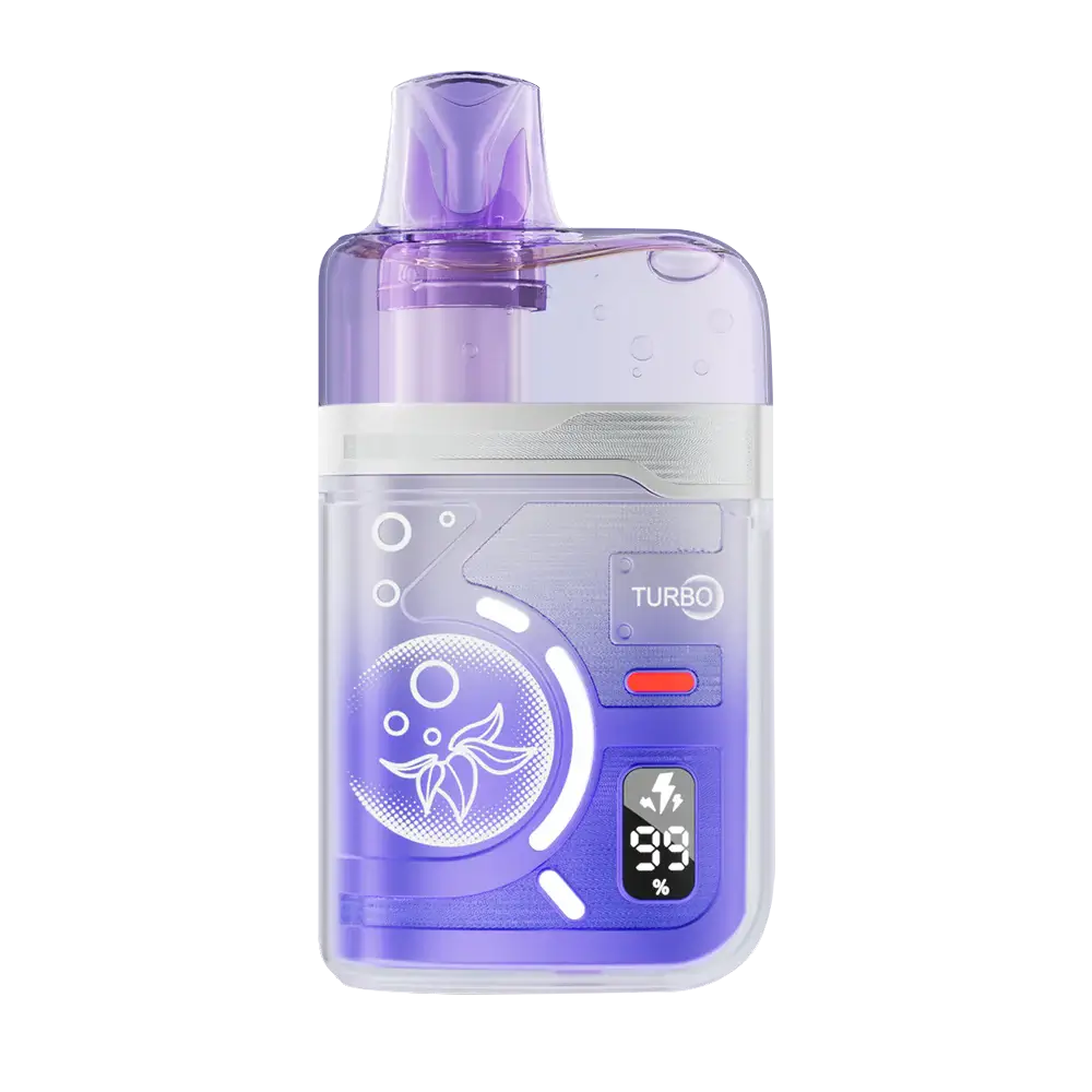 An ELFBAR BC Pro 80K Blueberry Sour Raspberry disposable vape featuring a translucent purple and clear casing with a digital display showing 99 percent battery and a Turbo mode indicator.