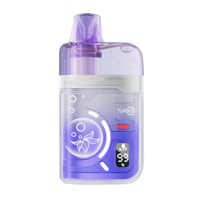 An ELFBAR BC Pro 80K Blueberry Sour Raspberry disposable vape featuring a translucent purple and clear casing with a digital display showing 99 percent battery and a Turbo mode indicator.