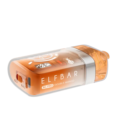 An orange ELFBAR BC Pro Double Mango disposable vape with a translucent outer shell, digital display screen, and silver band detail shown on a white background.