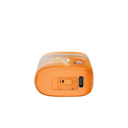 Bottom view of an orange ELFBAR BC Pro 80K Double Mango disposable vape showing a USB-C charging port and airflow adjustment switch on a white background.