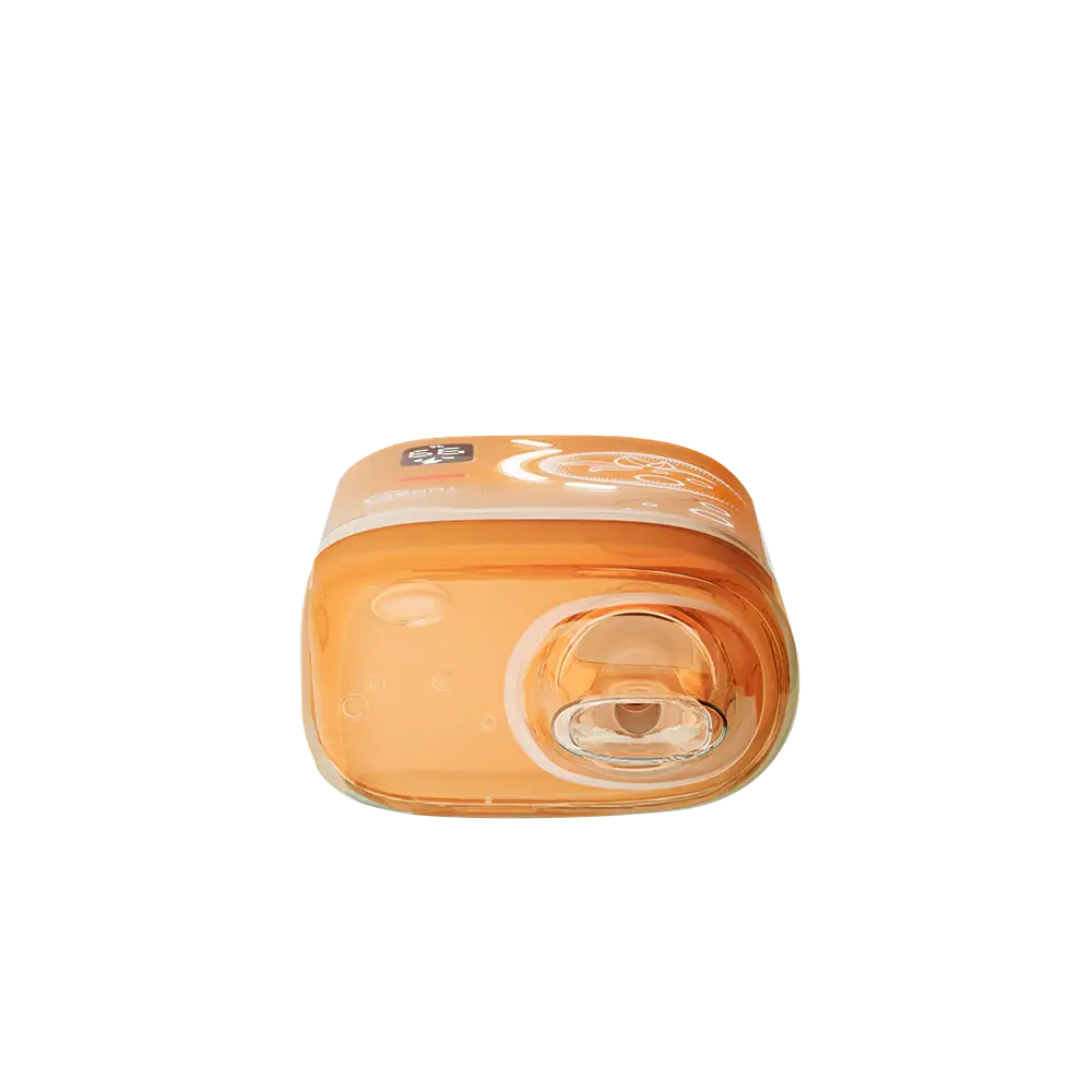 Top-down view of an orange ELFBAR BC Pro 80K Double Mango disposable vape featuring a clear mouthpiece and a digital display screen.