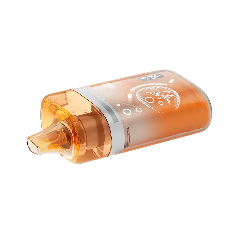 An angled view of an ELFBAR BC Pro 80K Double Mango disposable vape featuring a translucent orange body, a clear mouthpiece, and a digital display screen showing a 65 percent battery level.