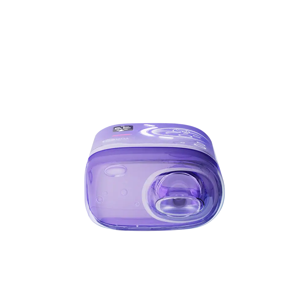 Top-down view of a purple ELFBAR BC Pro 80K Grape Ice disposable vape featuring a translucent mouthpiece and a digital display screen showing battery and e-liquid levels.
