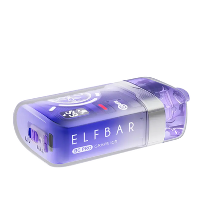 An ELFBAR BC Pro 80K Grape Ice disposable vape featuring a translucent purple shell, digital display screen, and airflow adjustment switch on a white background.
