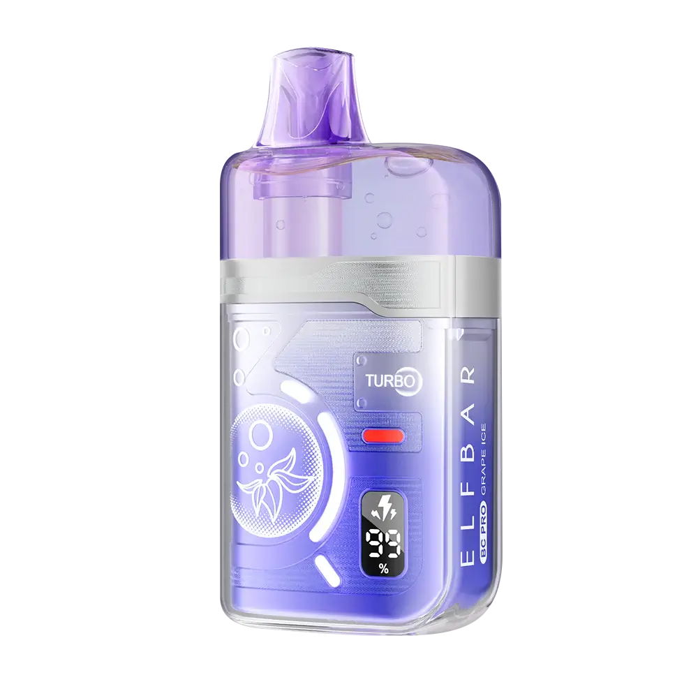 ELFBAR BC Pro 80K Grape Ice disposable vape featuring a purple translucent shell, a digital battery and e-liquid display, and a clear mouthpiece against a white background.