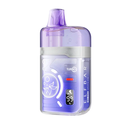 ELFBAR BC Pro 80K Grape Ice disposable vape featuring a purple translucent shell, a digital battery and e-liquid display, and a clear mouthpiece against a white background.