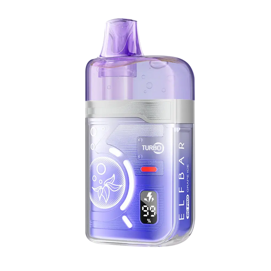 ELFBAR BC Pro 80K Grape Ice disposable vape featuring a purple translucent shell, a digital battery and e-liquid display, and a clear mouthpiece against a white background.