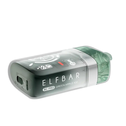 An ELFBAR BC Pro Green Apple Ice disposable vape featuring a translucent dark green body with a digital display, a silver band, and a clear green mouthpiece on a white background.