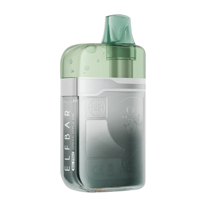 An ELFBAR BC Pro Green Apple Ice disposable vape featuring a translucent green mouthpiece and a metallic silver body with the flavor name and brand logo printed on the side.