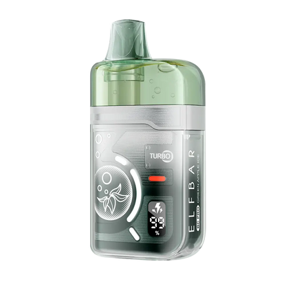 ELFBAR BC Pro 80K Green Apple Ice disposable vape featuring a translucent green mouthpiece, a clear outer shell over a metallic grey body, and a digital display showing battery and liquid levels.