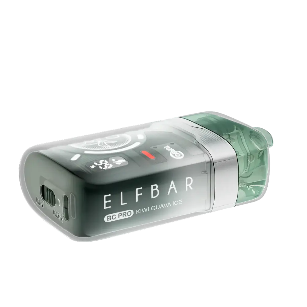 An ELFBAR BC Pro Kiwi Guava Ice disposable vape with a translucent green casing, featuring a digital display screen and a silver mouthpiece.