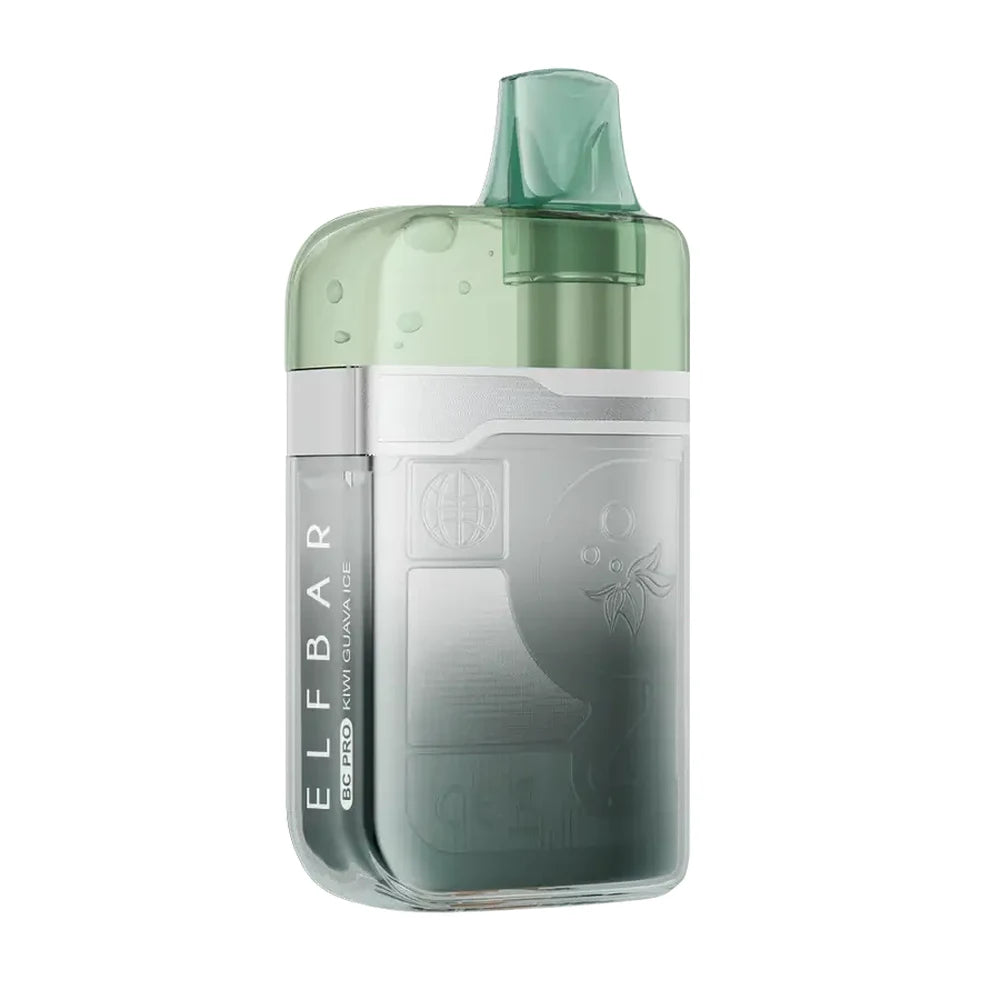 ELFBAR BC Pro 80K Kiwi Guava Ice disposable vape featuring a metallic silver and green body with a translucent green mouthpiece and embossed fruit graphics.