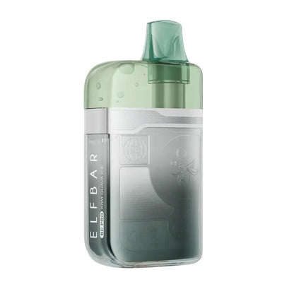 ELFBAR BC Pro 80K Kiwi Guava Ice disposable vape featuring a metallic silver and green body with a translucent green mouthpiece and embossed fruit graphics.