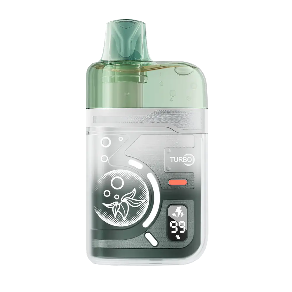 An ELFBAR BC Pro 80K Kiwi Guava Ice disposable vape featuring a translucent green mouthpiece and a clear outer shell over a metallic grey body with a digital battery display and Turbo button.