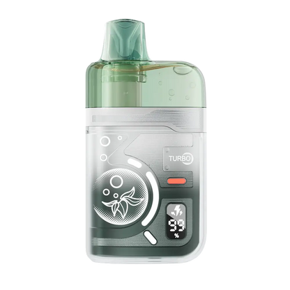 An ELFBAR BC Pro 80K Kiwi Guava Ice disposable vape featuring a translucent green mouthpiece and a clear outer shell over a metallic grey body with a digital battery display and Turbo button.