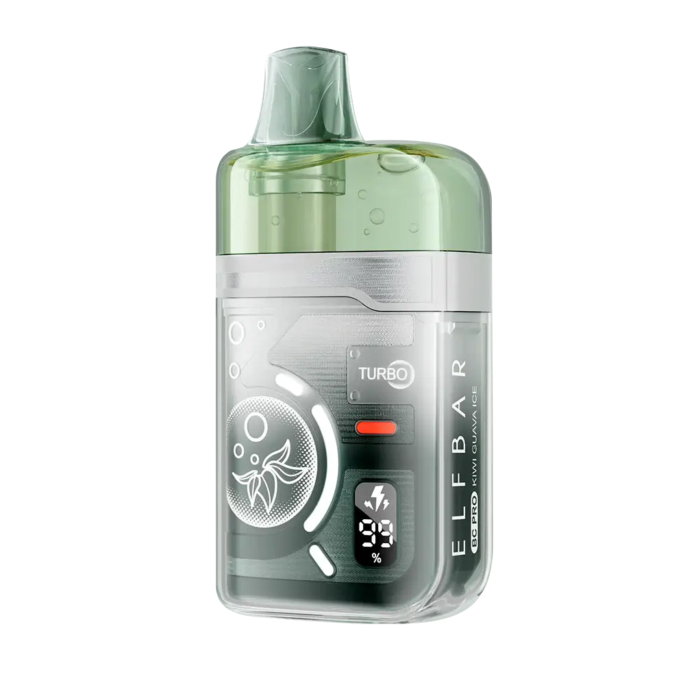 ELFBAR BC Pro 80K Kiwi Guava Ice disposable vape featuring a translucent green mouthpiece and a clear outer shell displaying a digital battery and e-liquid percentage screen.