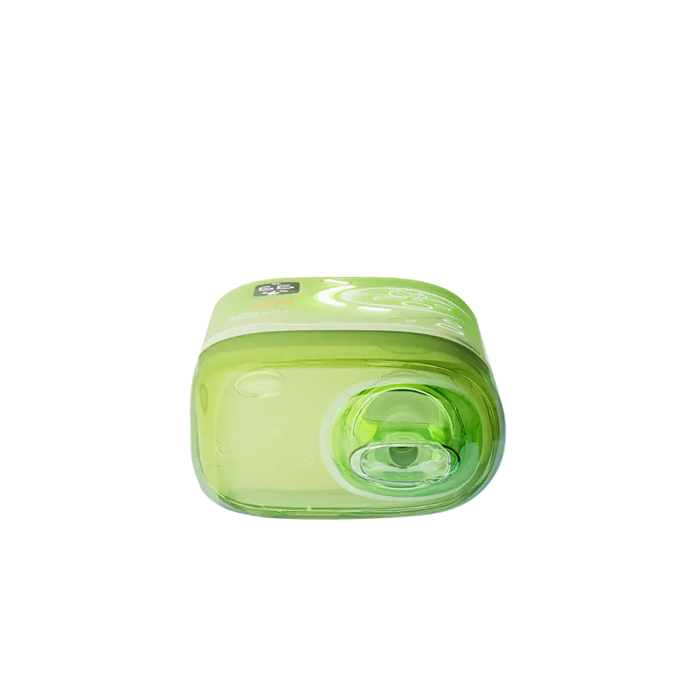 Top-down view of a lime green ELFBAR BC Pro 80K Miami Mint disposable vape featuring a clear mouthpiece and a digital display screen showing battery and e-liquid levels.
