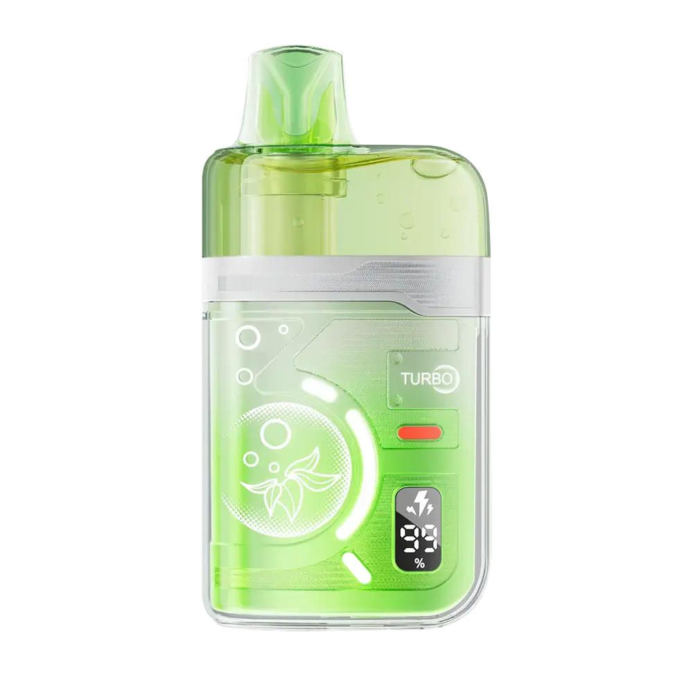 An ELFBAR BC Pro 80K Miami Mint disposable vape featuring a translucent lime green body with a digital display showing battery and e-liquid levels, a Turbo mode indicator, and a mint leaf graphic.