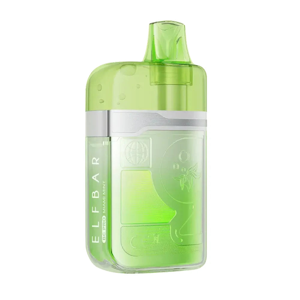 An ELFBAR BC Pro 80K Miami Mint disposable vape featuring a translucent lime green casing with a silver metallic band and visible internal components.