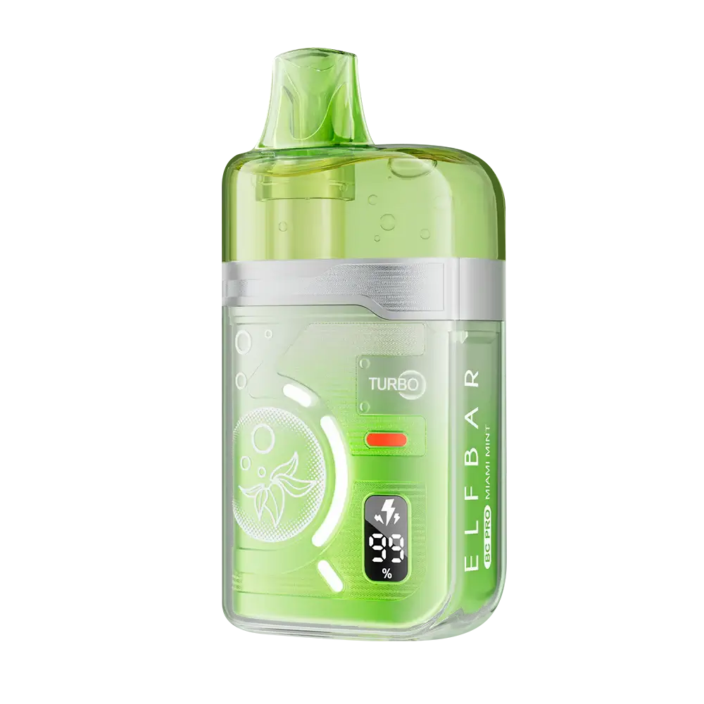 An ELFBAR BC Pro 80K Miami Mint disposable vape featuring a translucent lime green body, a digital battery percentage display, and a silver trim with the text ELFBAR BC PRO Miami Mint and Turbo.