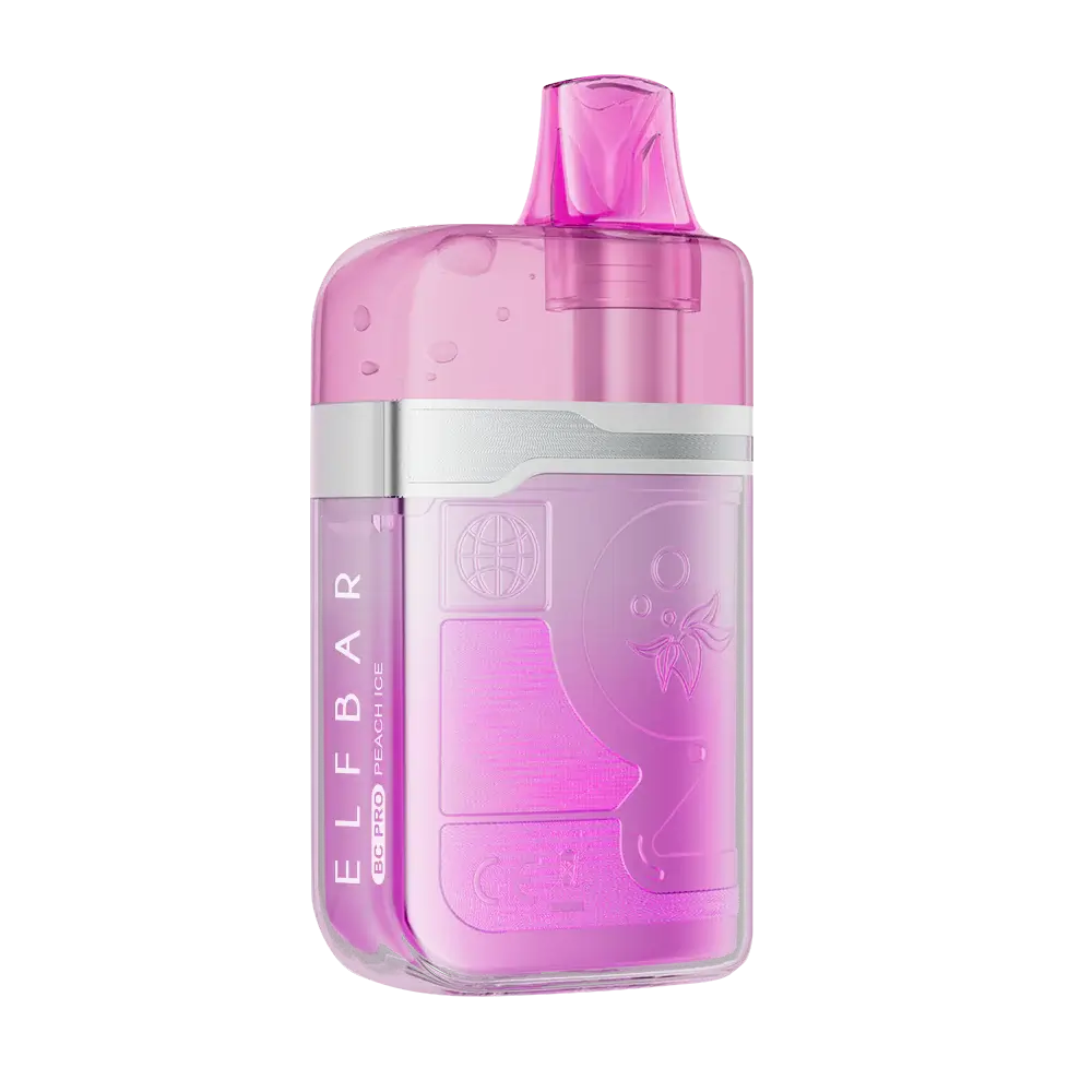 An ELFBAR BC Pro Peach Ice disposable vape featuring a translucent pink and purple body with a silver metallic band and embossed peach graphics.