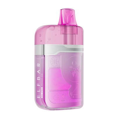 An ELFBAR BC Pro Peach Ice disposable vape featuring a translucent pink and purple body with a silver metallic band and embossed peach graphics.