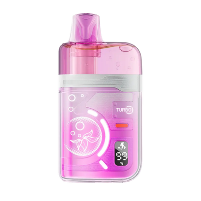 An ELFBAR BC Pro 80K Peach Ice disposable vape featuring a translucent pink body with a digital display showing battery and e-liquid levels alongside a Turbo mode indicator.