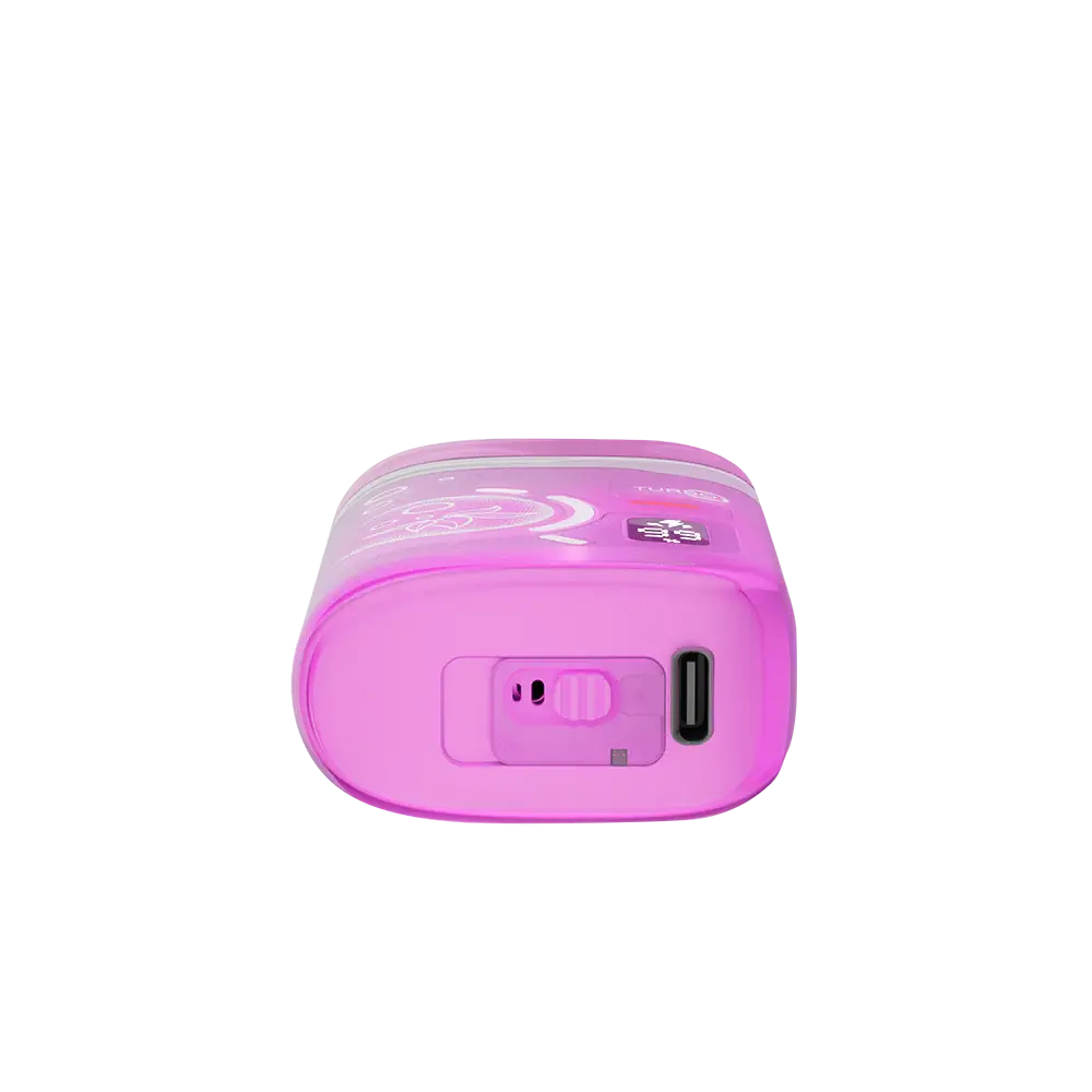 Bottom view of a pink ELFBAR BC Pro 80K Peach Ice disposable vape showing the USB-C charging port and airflow adjustment switch.