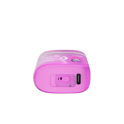 Bottom view of a pink ELFBAR BC Pro 80K Peach Ice disposable vape showing the USB-C charging port and airflow adjustment switch.