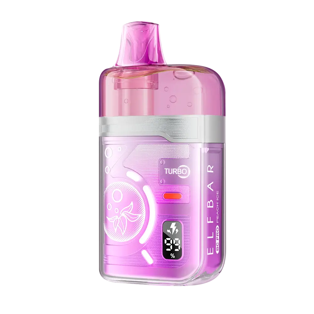 ELFBAR BC Pro 80K Peach Ice disposable vape featuring a translucent pink and purple design with a digital battery display and Turbo mode indicator.