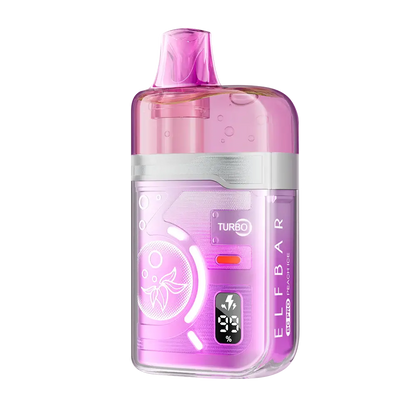 ELFBAR BC Pro 80K Peach Ice disposable vape featuring a translucent pink and purple design with a digital battery display and Turbo mode indicator.