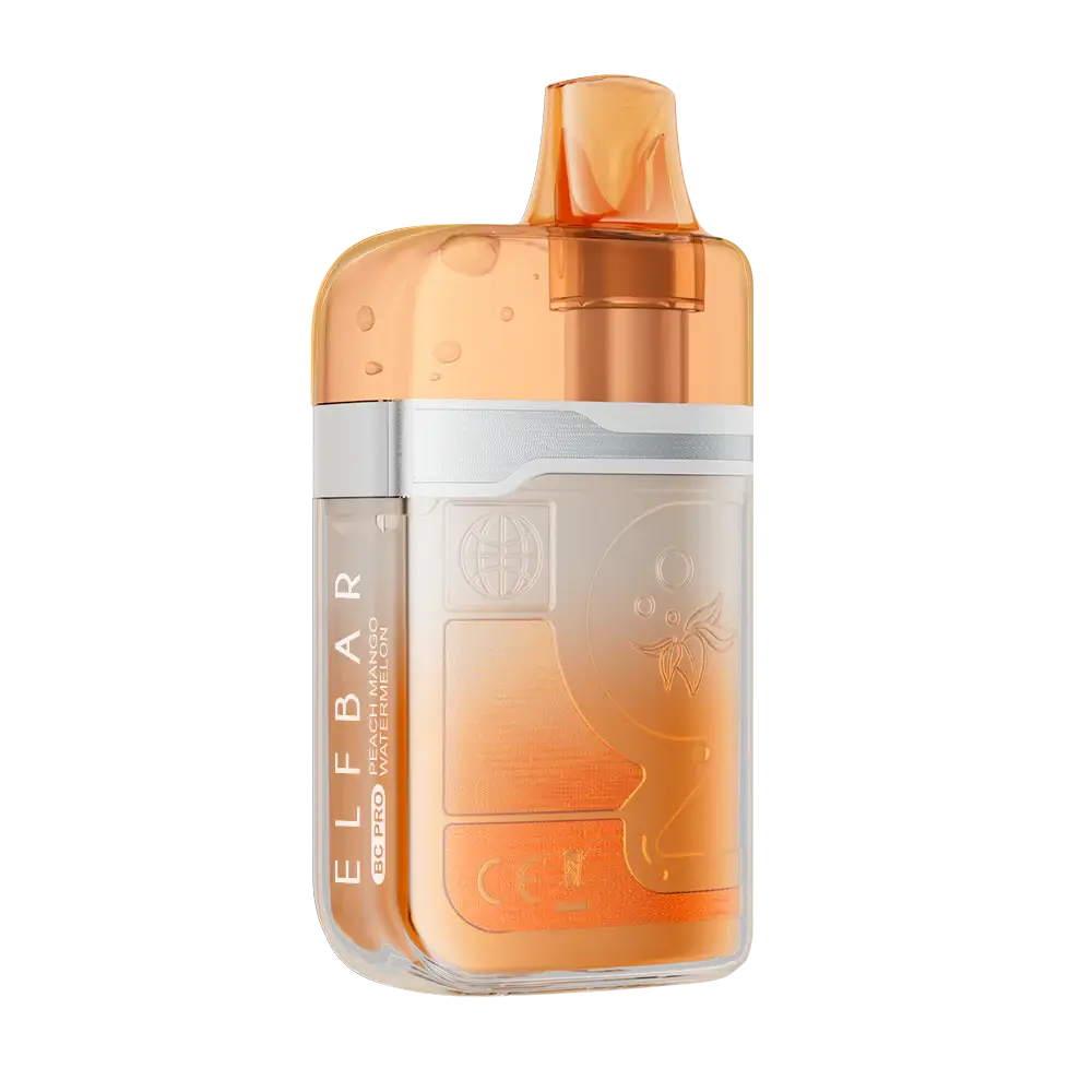 An ELFBAR BC Pro Peach Mango Watermelon disposable vape featuring a translucent orange and clear plastic body with silver accents and text reading ELFBAR BC PRO Peach Mango Watermelon.