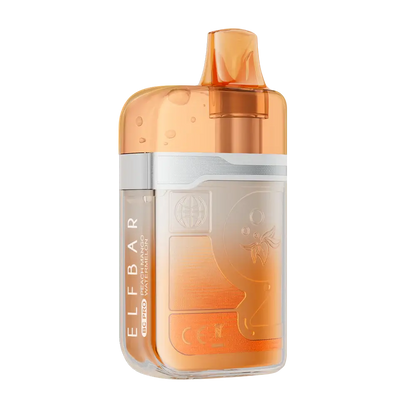 An ELFBAR BC Pro Peach Mango Watermelon disposable vape featuring a translucent orange and clear plastic body with silver accents and text reading ELFBAR BC PRO Peach Mango Watermelon.