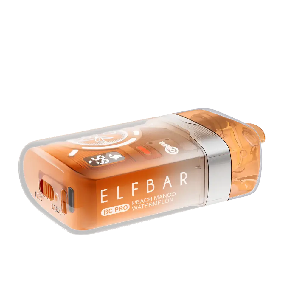 An orange ELFBAR BC Pro Peach Mango Watermelon disposable vape with a translucent outer shell, digital display, and adjustable airflow switch on a white background.